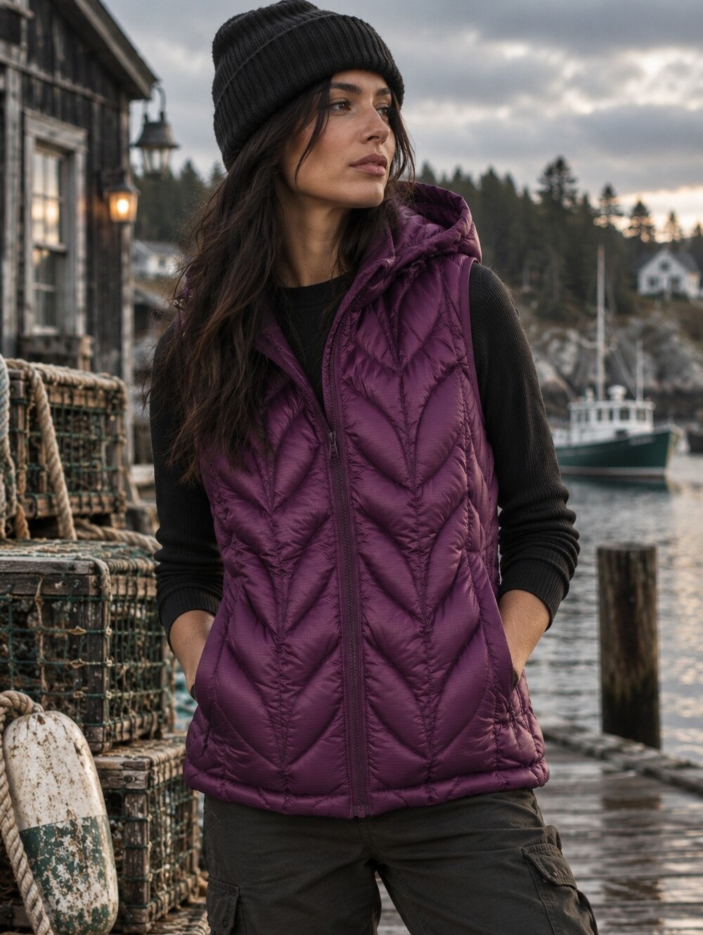 Eddie Bauer Women’s M 700 Fill Goose Down Hooded Quilted Vest Purple